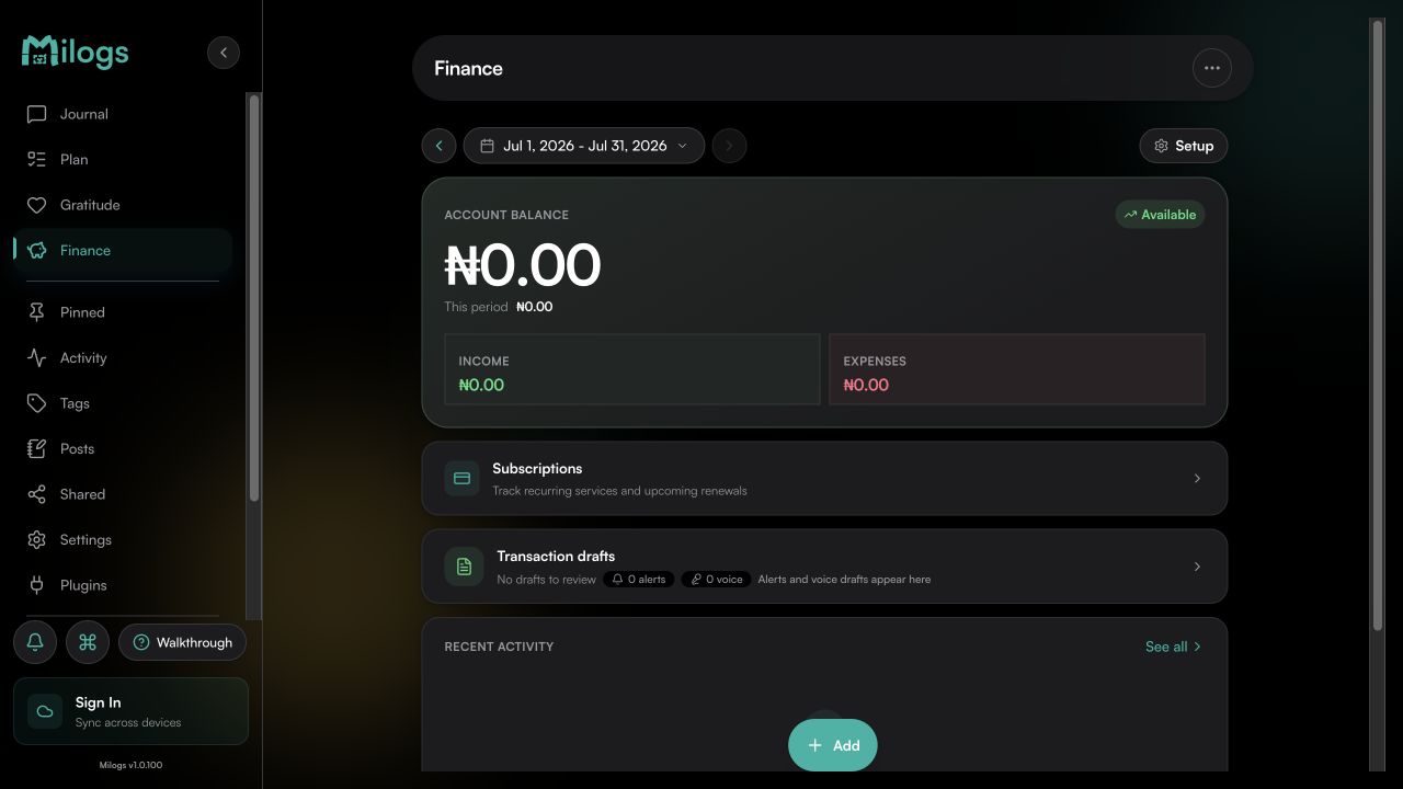 Milogs finance screen with balance, subscriptions, transaction drafts, and recent activity