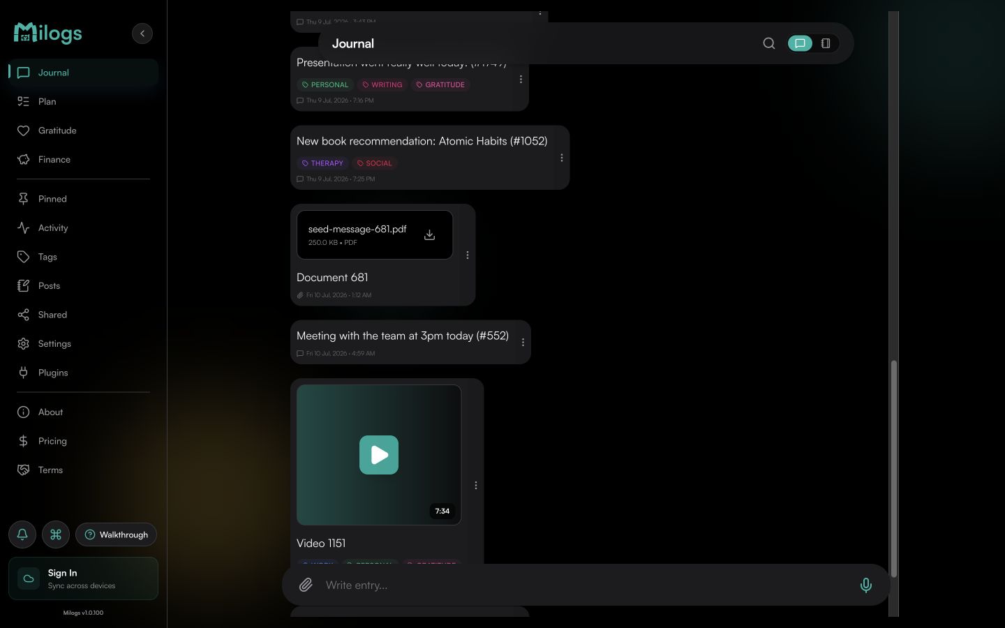 Milogs private journal with the full sidebar and entry timeline