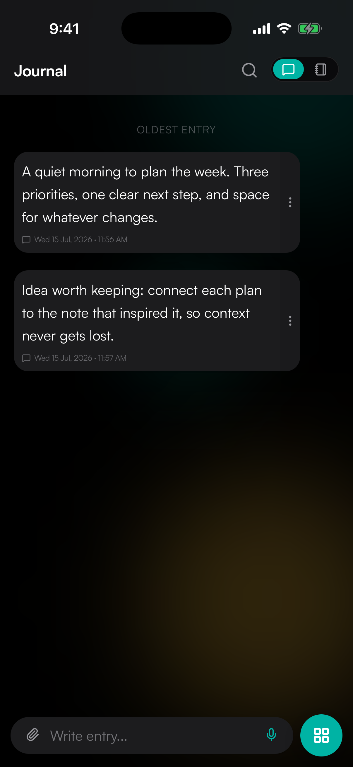 Milogs journal on a mobile phone with an entry timeline and quick capture control