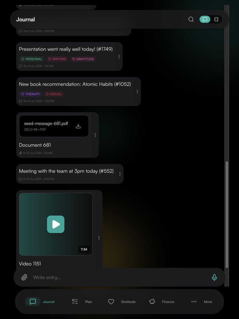 Milogs journal on a tablet with touch-friendly bottom navigation