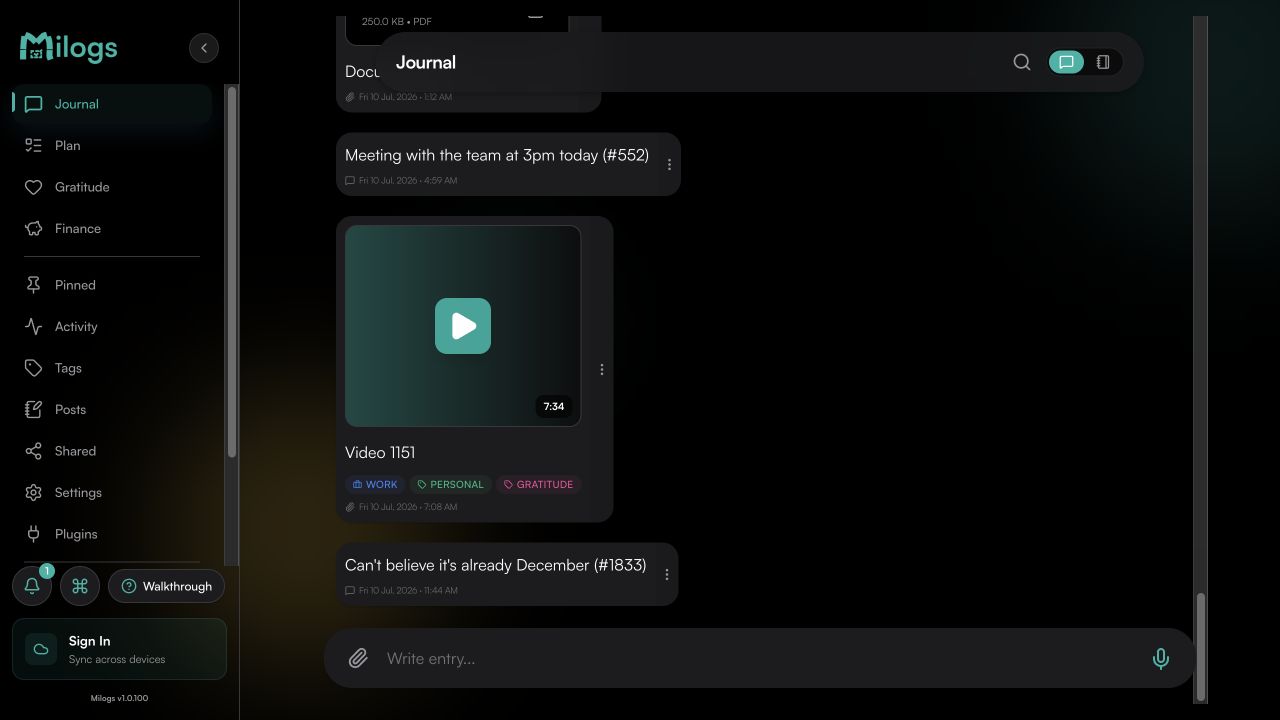 Milogs journal showing notes, a video entry, tags, and a capture bar
