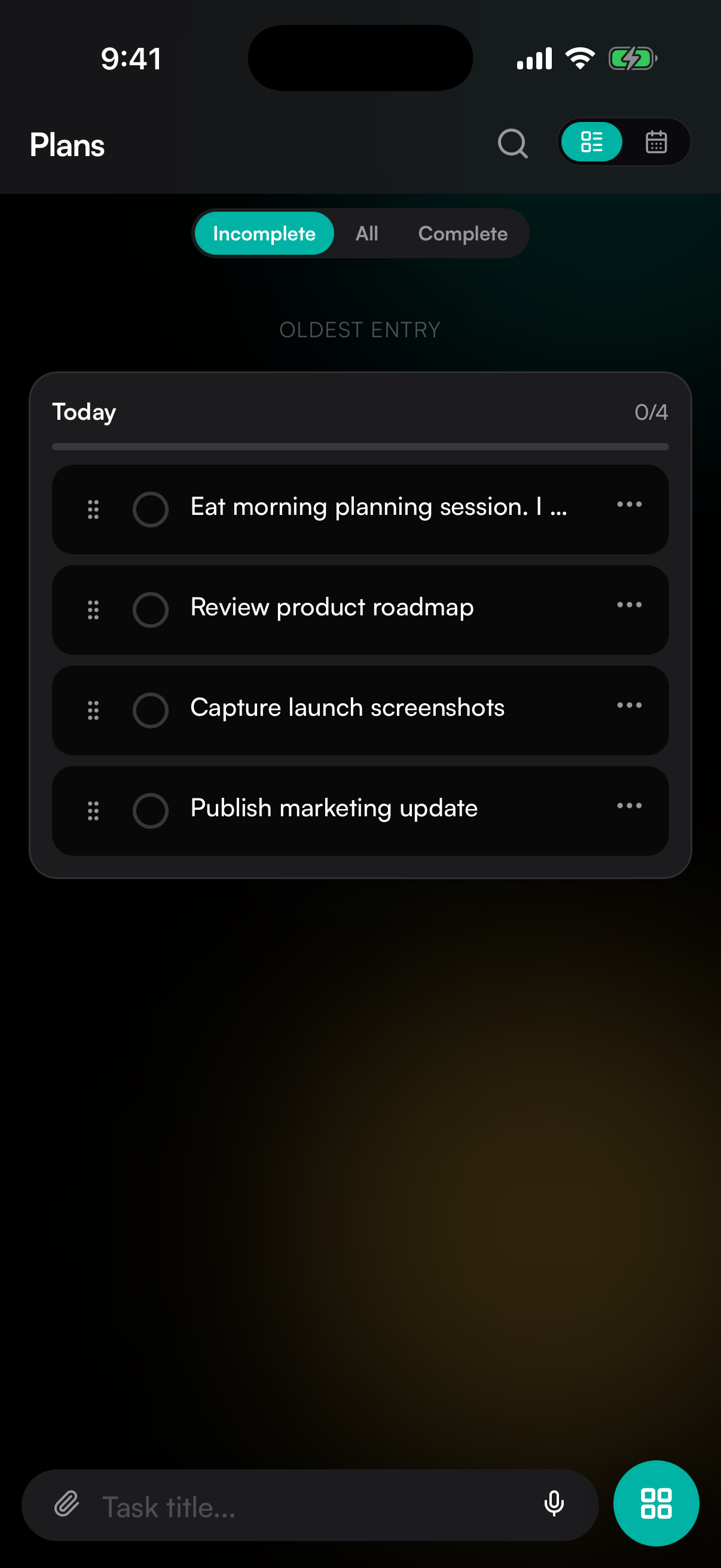 Milogs Plans running on an iPhone 17 Pro with four dated tasks