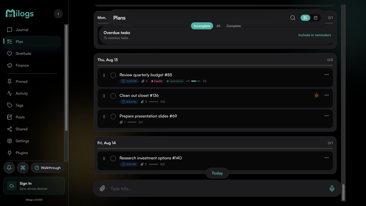 Milogs plans organized by day with tasks, reminders, and tags